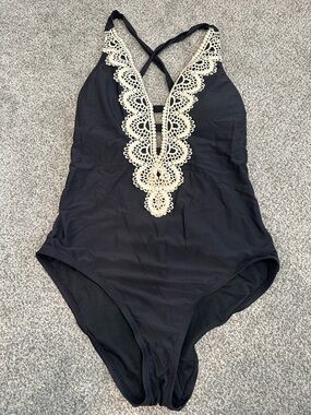 BECCA Black One-Piece Swimsuit with Cream Crochet Plunge